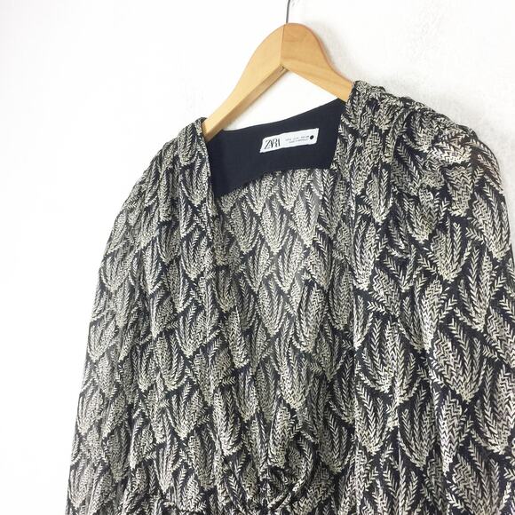 Zara Mini Dress 70s Gray Black Knotted Metallic Thread Draped Large 8677/067 - Picture 5 of 13